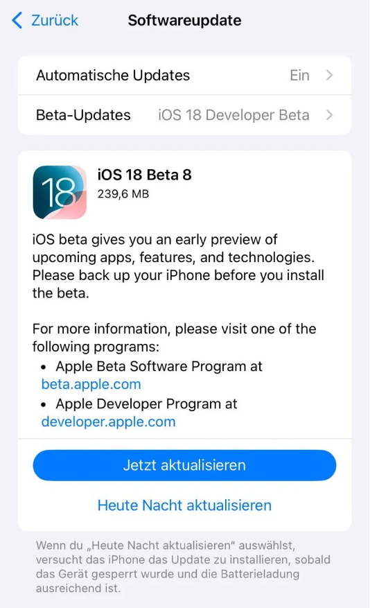 城中苹果手机维修分享苹果 iOS / iPadOS 18 开发者预览版 Beta 8 发布 